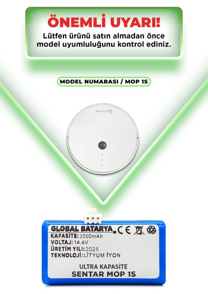 Sentar Mop 1s Uyumlu Akıllı Robot Süpürge Bataryası 14.4V 3500MAH Pil (Ultra Kapasite)