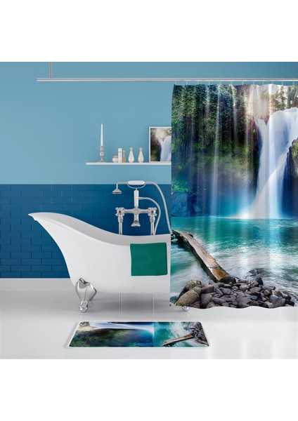Banyo Paspas ve Tek Kanat Duş Perdesi 1X180X200 Set Banyo Halısı Waterfall