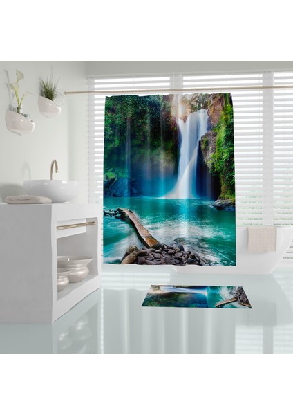Banyo Paspas ve Tek Kanat Duş Perdesi 1X180X200 Set Banyo Halısı Waterfall