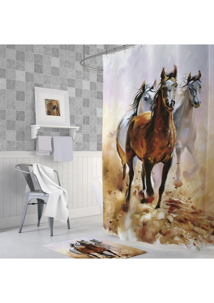 Banyo Paspas ve Tek Kanat Duş Perdesi 1X180X200 Set Banyo Halısı Horses modelleri