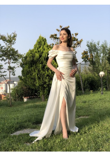 Kayık Yaka Düşük Kol Önü Drapeli Yırtmaçlı Yandan Pelerinli Balık abiye EN4858 4858