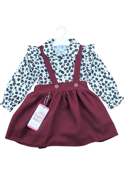3300-418 2-5 Yaş Leopar Gömlekli Kadife Elbise - Bordo