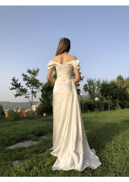 Kayık Yaka Düşük Kol Önü Drapeli Yırtmaçlı Yandan Pelerinli Balık abiye EN4858 4858 fırsatları