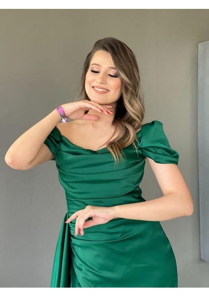 Kayık Yaka Düşük Kol Önü Drapeli Yırtmaçlı Yandan Pelerinli Balık abiye EN4858 4858 fiyatları