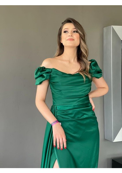 Kayık Yaka Düşük Kol Önü Drapeli Yırtmaçlı Yandan Pelerinli Balık abiye EN4858 4858 modelleri