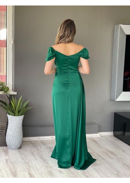 Kayık Yaka Düşük Kol Önü Drapeli Yırtmaçlı Yandan Pelerinli Balık abiye EN4858 4858 fırsatları