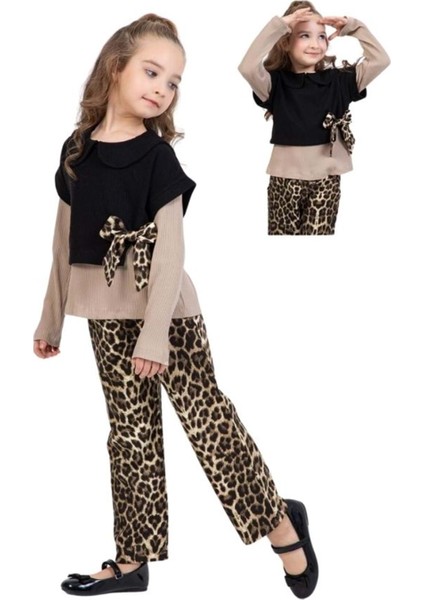 196-MISSBELINDA 9-12 Yaş Üçlü Leopar Takım - Açık Kahve