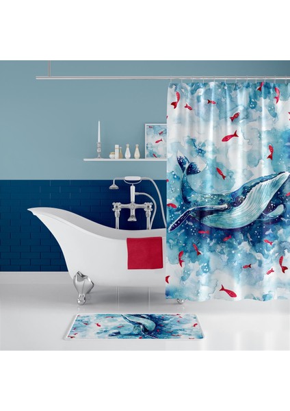 Banyo Paspas ve Tek Kanat Duş Perdesi 1X180X200 Set Banyo Halısı Whale