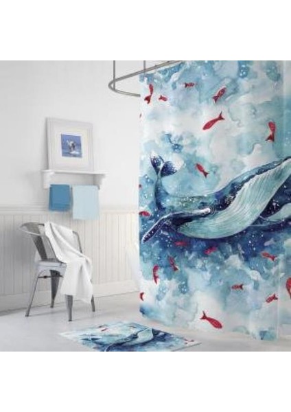 Banyo Paspas ve Tek Kanat Duş Perdesi 1X180X200 Set Banyo Halısı Whale modelleri