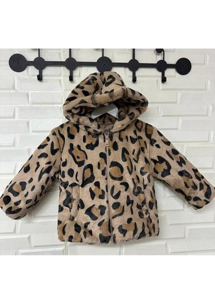 Kız Çocuk Leopar Desenli Kapüşonlu Peluş Kürk Mont