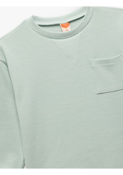 Pamuklu Cep Detaylı Bisiklet Yaka Uzun Kollu Basic Sweatshirt