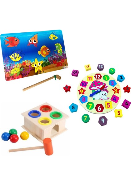 Ahşap Eğitici Oyuncak Seti - Manyetik Balık Tutma, Geometrik Şekilli Saat & Renkli top çakma oyunu
