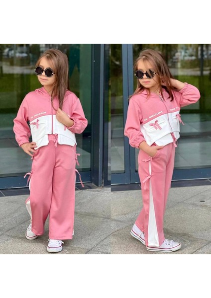 Kız Çocuk Fermuarlı Kapüşonlu Kurdela Detaylı 2'li Alt-Üst Takım Pembe Renk