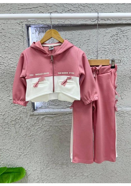 Kız Çocuk Fermuarlı Kapüşonlu Kurdela Detaylı 2'li Alt-Üst Takım Pembe Renk fiyatları