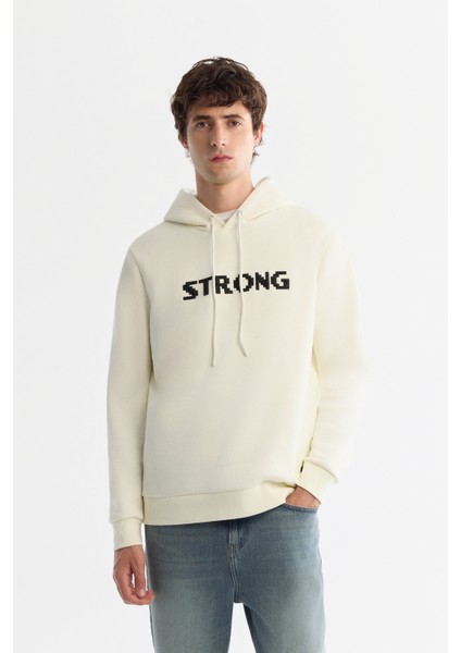 Erkek Ekru Kapüşonlu 3 Iplik Şardonlu Baskılı Sweatshirt A42y1222