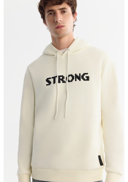 Erkek Ekru Kapüşonlu 3 Iplik Şardonlu Baskılı Sweatshirt A42y1222