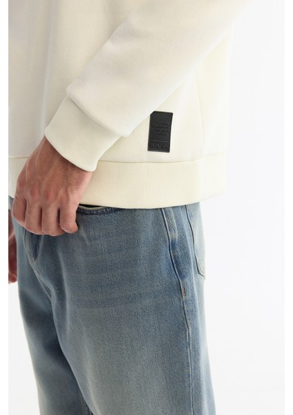 Erkek Ekru Kapüşonlu 3 Iplik Şardonlu Baskılı Sweatshirt A42y1222
