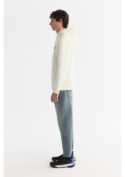 Erkek Ekru Kapüşonlu 3 Iplik Şardonlu Baskılı Sweatshirt A42y1222