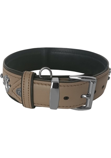 Deri Doğal Taşlı Köpek Boyun Tasması 44-50 cm Medium Taba