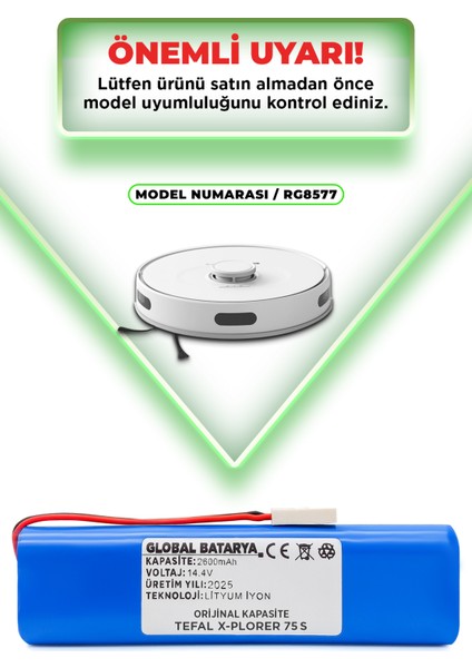 Tefal X-Plorer 75 S Uyumlu Akıllı Robot Süpürge Bataryası 14.4V 2600MAH Pil ( Kapasite)
