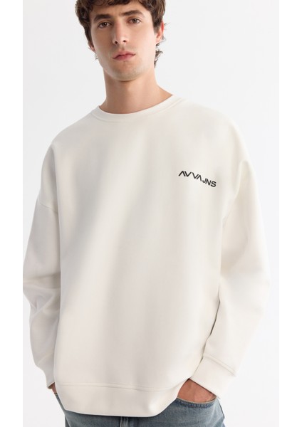 Erkek Ekru Bisiklet Yaka Elastan Oversize Fit Sweatshirt A42Y1248