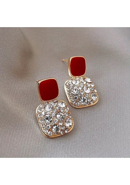 Kare Şekilli Tam Parlak Taş Süslemeli Küpe Lüks Zarif Stil Alaşım Takı Banket Parti Kulak Süsleri