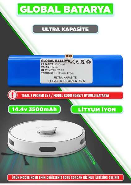 Tefal X-Plorer 75 S Uyumlu Akıllı Robot Süpürge Bataryası 14.4V 3500MAH Li-Ion Pil (Ultra Kapasite)