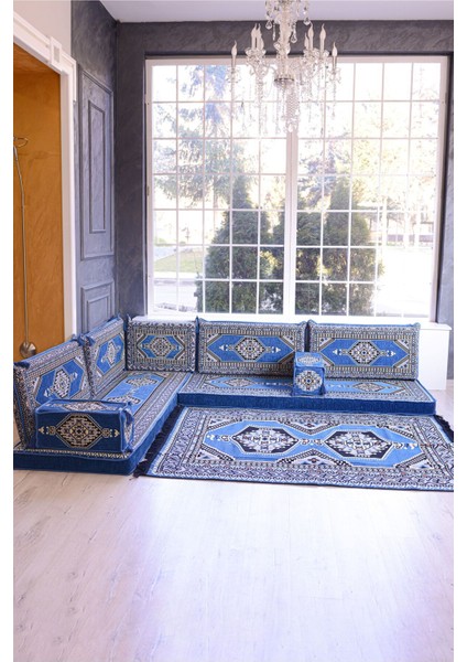Şark Köşesi Takımı Konsepti Mavi Yahyalı Modeli Koltuk Takımı Sünger Dahil (10 Parça)