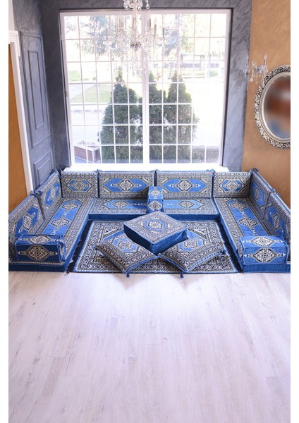 Şark Köşesi Takımı Konsepti Mavi Yahyalı Modeli Koltuk Takımı Sünger Dahil (18 Parça)