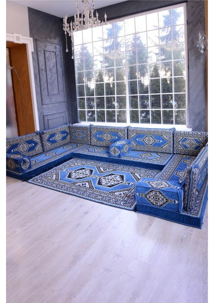 Şark Köşesi Takımı Konsepti Mavi Yahyalı Modeli Koltuk Takımı Sünger Dahil (15 Parça)