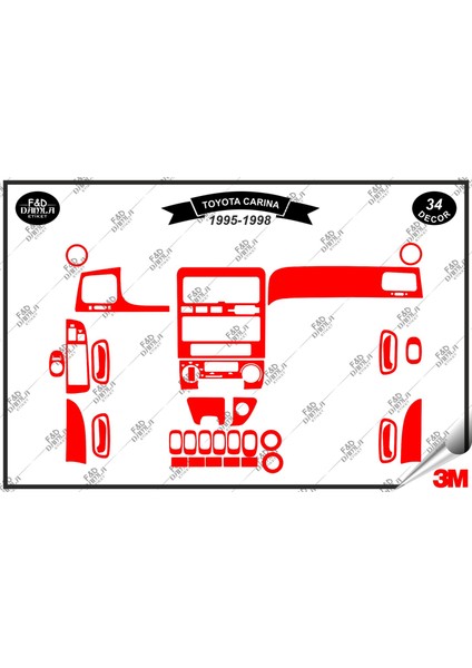 Toyota Carina 1995-1998 Torpido Konsol Trim Göğüs Maun Kaplama Set 34 Parça Kırmızı Renk