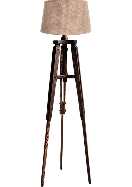 Piega Tripod Lambader Abajur Köşe Lambası Aydınlatma Ahşap Ceviz Ağaç Country Dekor Masif Doğal