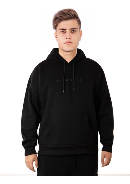 Siyah Erkek Hoodie, Kanguru Cepli, Kapüşonlu, 3 Iplik Kumaş