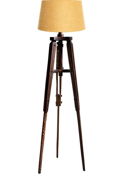 Piega Tripod Lambader Abajur Köşe Lambası Aydınlatma Ahşap Ceviz Ağaç Country Dekor Masif Doğal