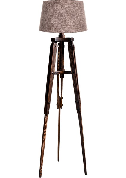 Piega Tripod Lambader Abajur Köşe Lambası Aydınlatma Ahşap Ceviz Ağaç Country Dekor Masif Doğal