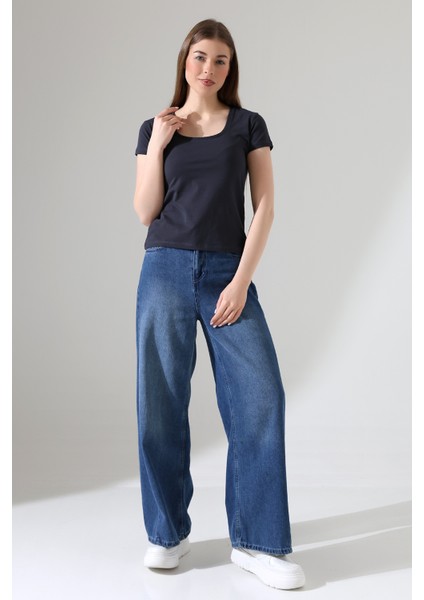 Kare Yaka Kısa Kol Penye Kompakt Likralı Esnek Basic T-Shirt 21069 Füme