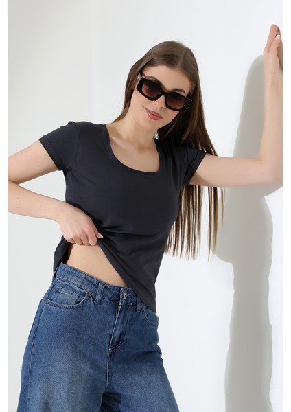 Kare Yaka Kısa Kol Penye Kompakt Likralı Esnek Basic T-Shirt 21069 Füme modelleri