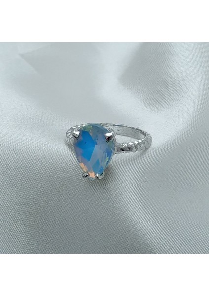 YENİ SEZON Paslanmaz Çelik Gümüş Kaplama Damla Model Mavi Taş'lı Yüzük