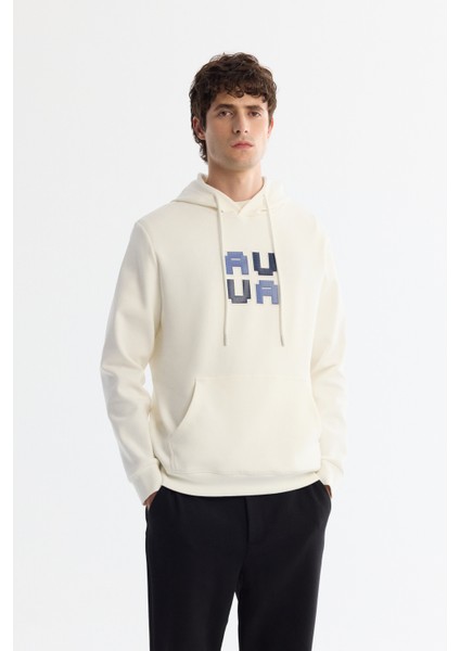 Erkek Ekru Kapüşonlu Pamuklu Baskılı Elastan Sweatshirt A42y1324