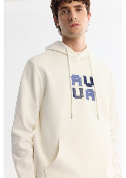 Erkek Ekru Kapüşonlu Pamuklu Baskılı Elastan Sweatshirt A42y1324