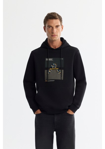Erkek Siyah Kapüşonlu Pamuklu Baskılı Elastan Regular Fit Sweatshirt A42Y1321