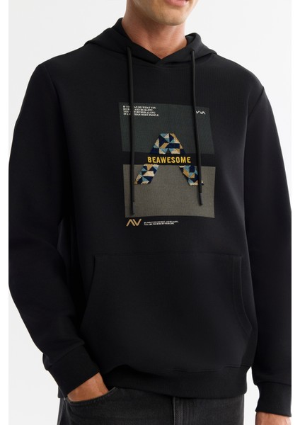 Erkek Siyah Kapüşonlu Pamuklu Baskılı Elastan Regular Fit Sweatshirt A42Y1321