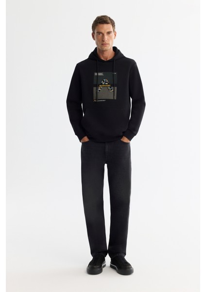 Erkek Siyah Kapüşonlu Pamuklu Baskılı Elastan Regular Fit Sweatshirt A42Y1321