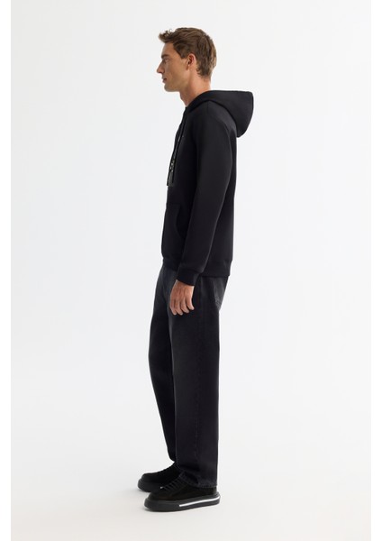 Erkek Siyah Kapüşonlu Pamuklu Baskılı Elastan Regular Fit Sweatshirt A42Y1321