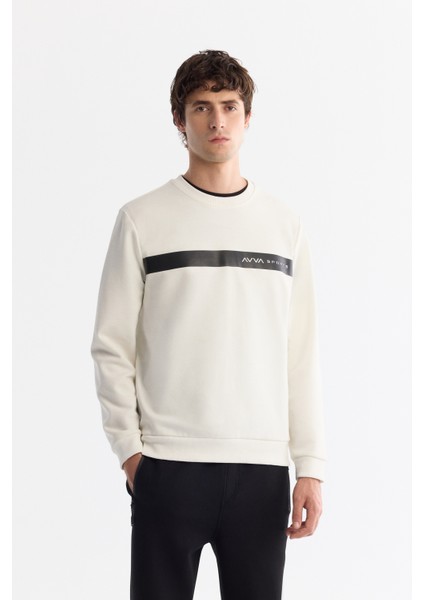 Erkek Ekru Bisiklet Yaka Pamuklu Baskılı Elastan Regular Fit Sweatshirt A42Y1260