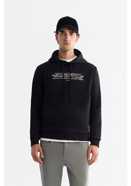 Erkek Siyah Kapüşonlu 3 Iplik Şardonlu Baskılı Sweatshirt A42y1303
