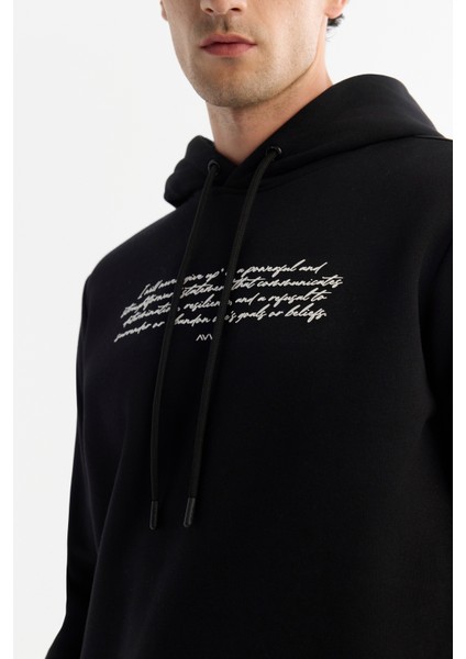 Erkek Siyah Kapüşonlu 3 Iplik Şardonlu Baskılı Sweatshirt A42y1303