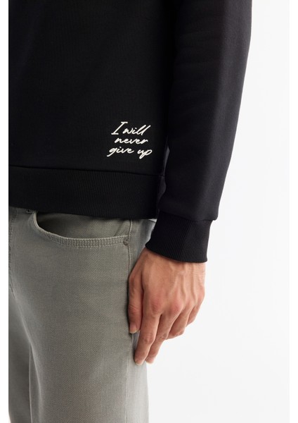 Erkek Siyah Kapüşonlu 3 Iplik Şardonlu Baskılı Sweatshirt A42y1303