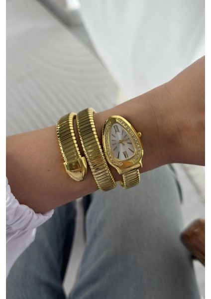 Altın Kaplama Zirkon Taşlı Yılan Model Kadın Kol Saati