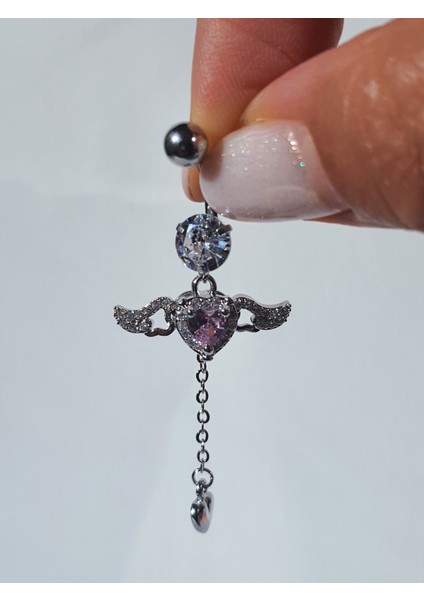 Çelik Melek Kanatlı Zirkon Taşlı Kalp Uzun Göbek Piercing